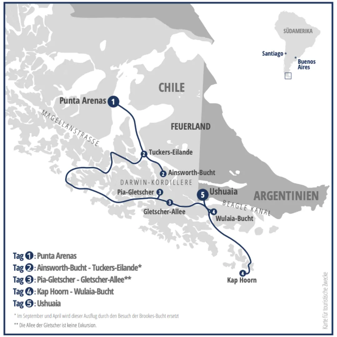 Mapa de la ruta Punta Arenas a Ushuaia - Crucero Australis