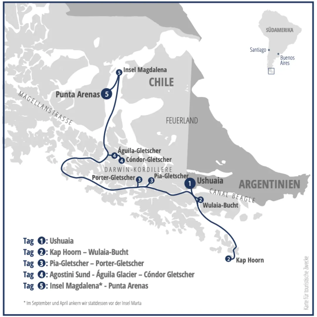Mapa de la ruta Ushuaia a Punta Arenas - Crucero Australis