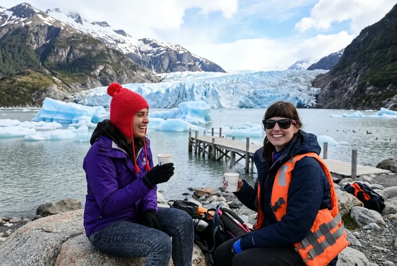 Viajeros explorando glaciares en la Patagonia Chilena con Racelt